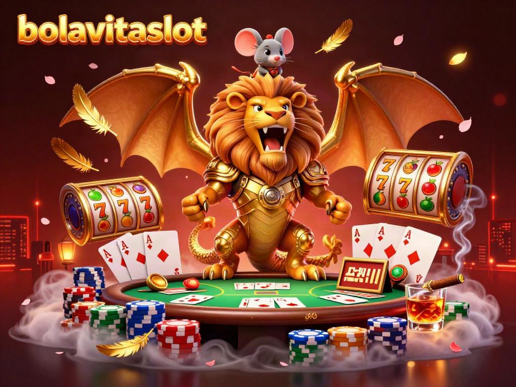 Experience thrilling gameplay with bolavitaslot featuring a majestic chimera, vibrant slot elements, and poker excitement.