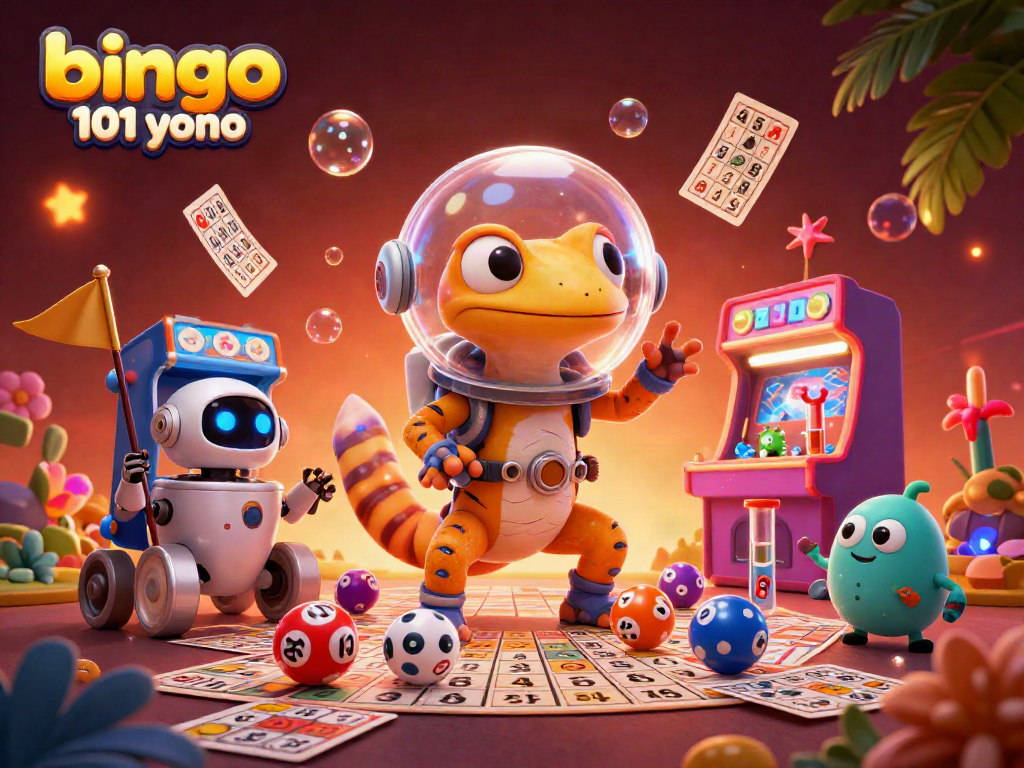 Bingo 101 Yono app illustrated with themed characters celebrating a vibrant bingo arcade scene.