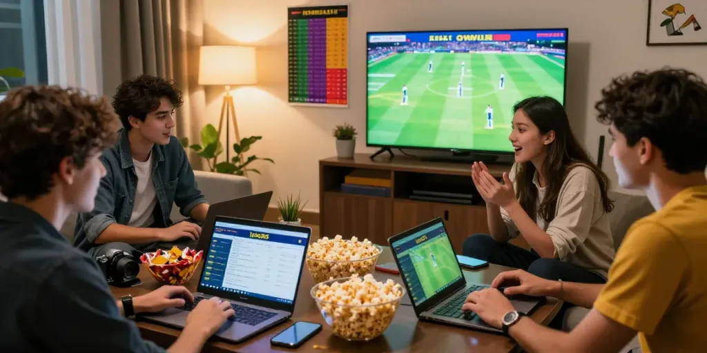 Engaged friends enjoying cricket and football betting on lotus365 during a match.