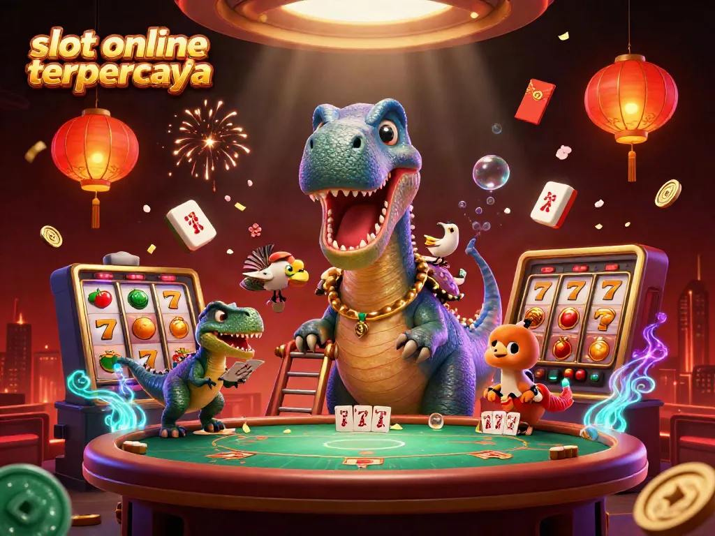 Pengalaman bermain di slot online terpercaya dengan suasana kasino yang menarik dan karakter lucu.