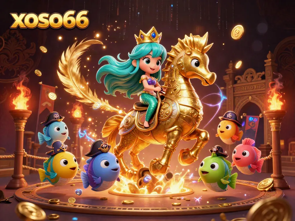 Engage with xoso66's vibrant casino scene featuring a mermaid princess and her seahorse companion.