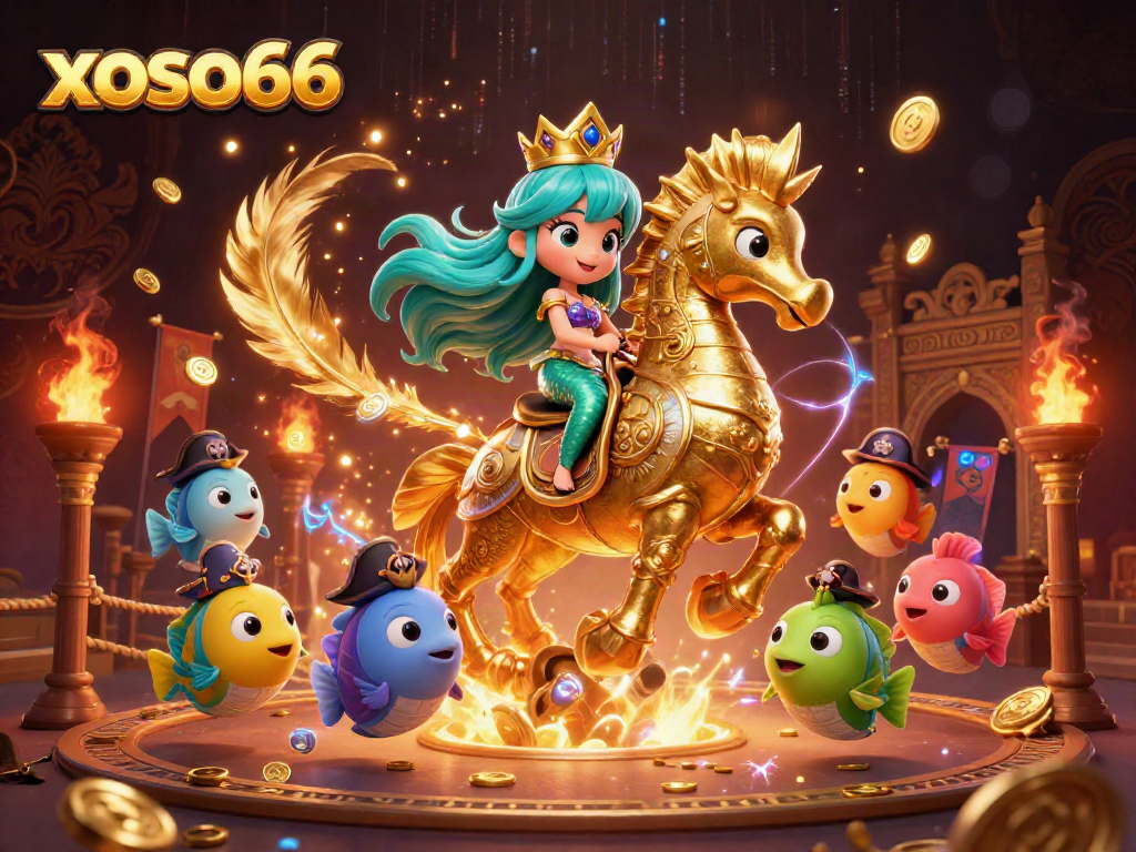 Engage with xoso66's vibrant casino scene featuring a mermaid princess and her seahorse companion.