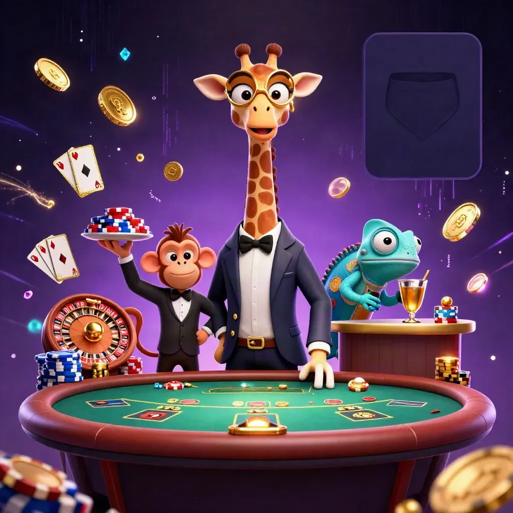 Giraffe, monkey valet, and chameleon bartender in a luxe neon casino burst of gold and jewels