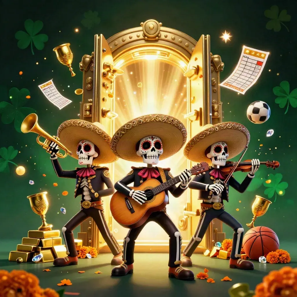 Skeleton mariachi trio with gold vault, sports balls, jewels, and casino glamour