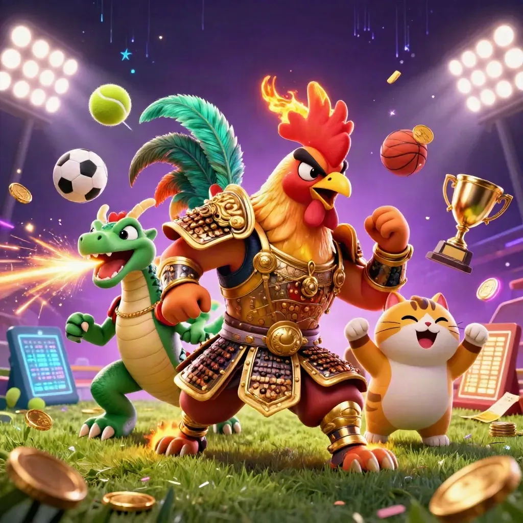Rooster warrior, dragon hatchling, and fortune-cat amid flying sports balls, coins, sparks, and floodlights.