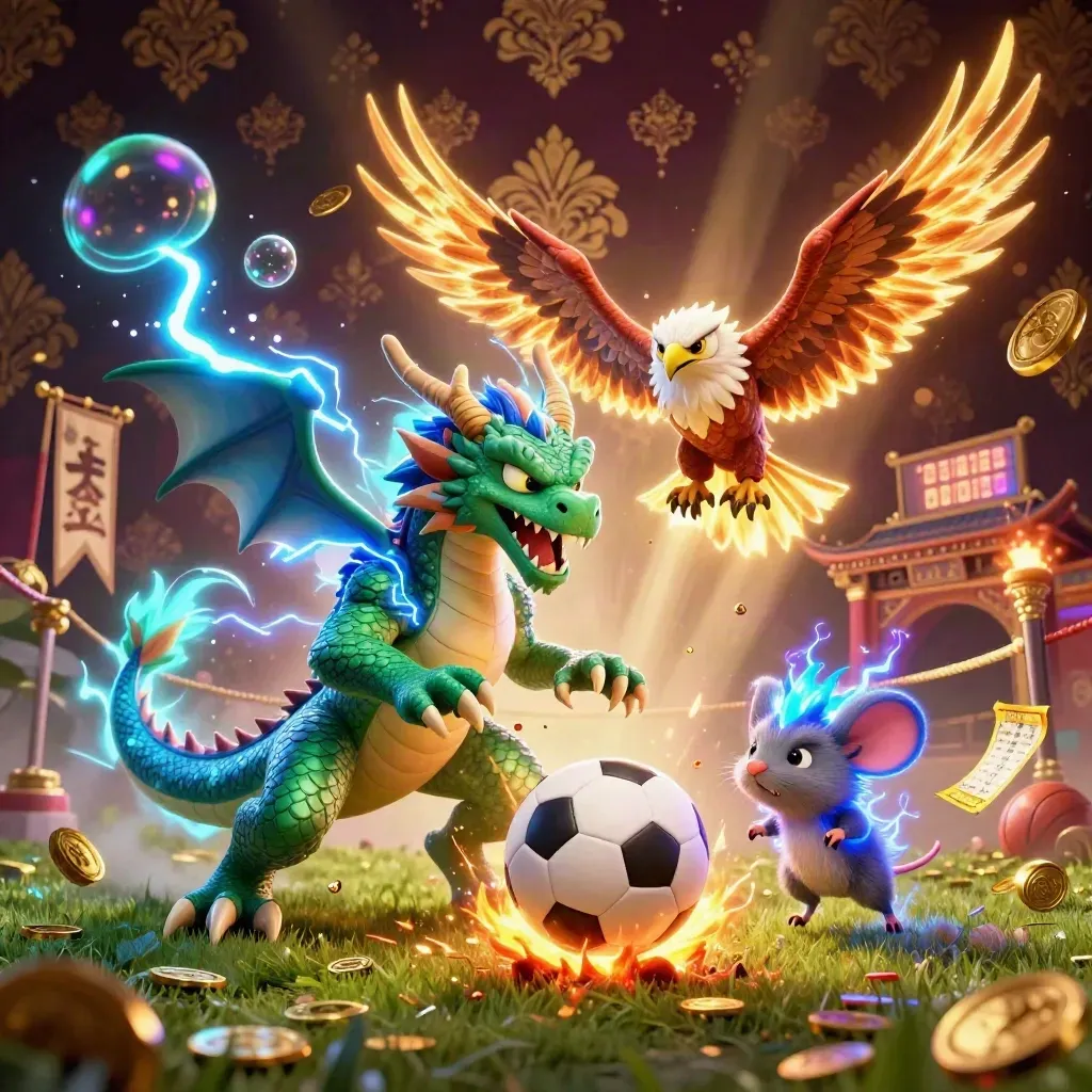 Dragon, hawk, and mouse burst around a soccer ball in neon casino light and flying turf.