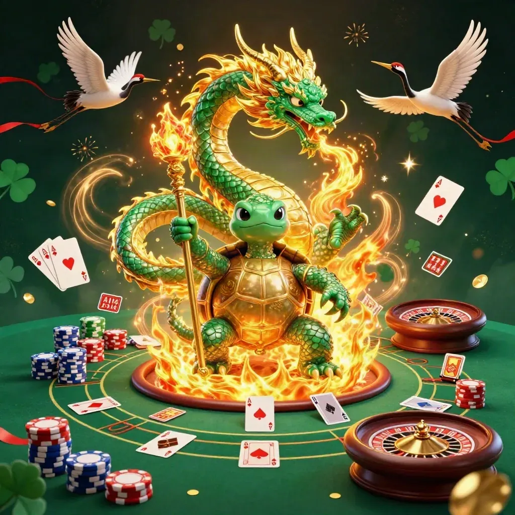 Dragon, turtle sage, and cranes amid casino cards, chips, fire, and golden magic