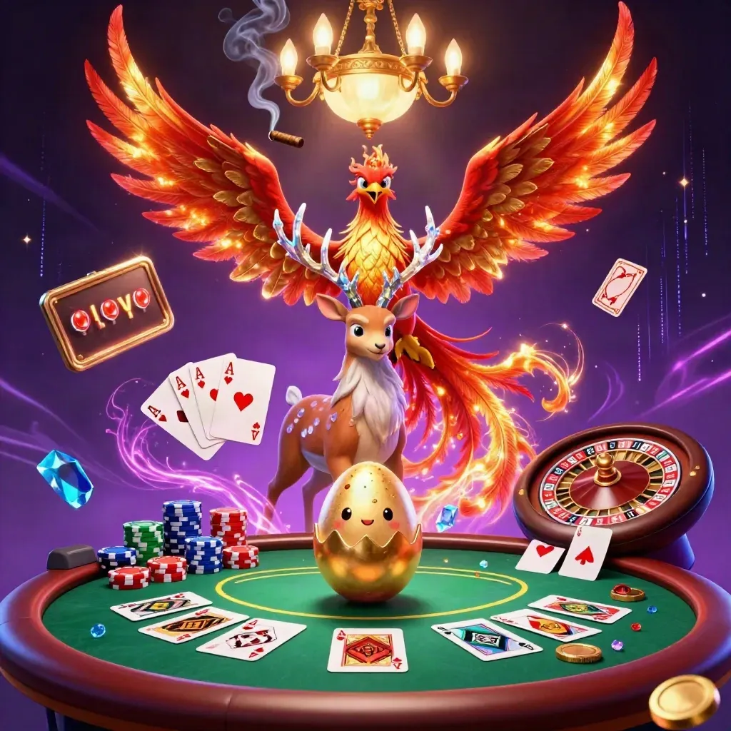 Phoenix, stag, and phoenix chick over a neon casino table with chips, cards, and a roulette wheel