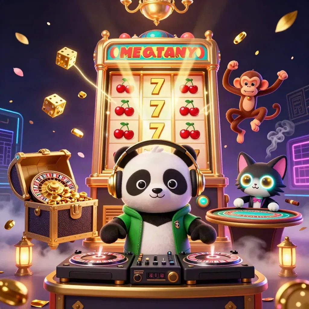 Cartoon panda DJ, breakdancing monkey, and glow-stick kitten amid casino luxury and gold.