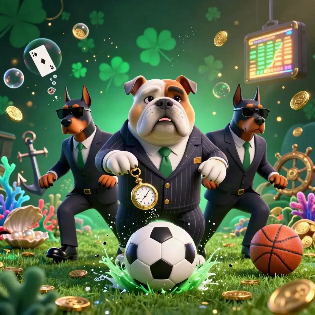 Cartoon bulldog mob boss and Doberman guards amid coins, cards, ball, and emerald-gold casino light.