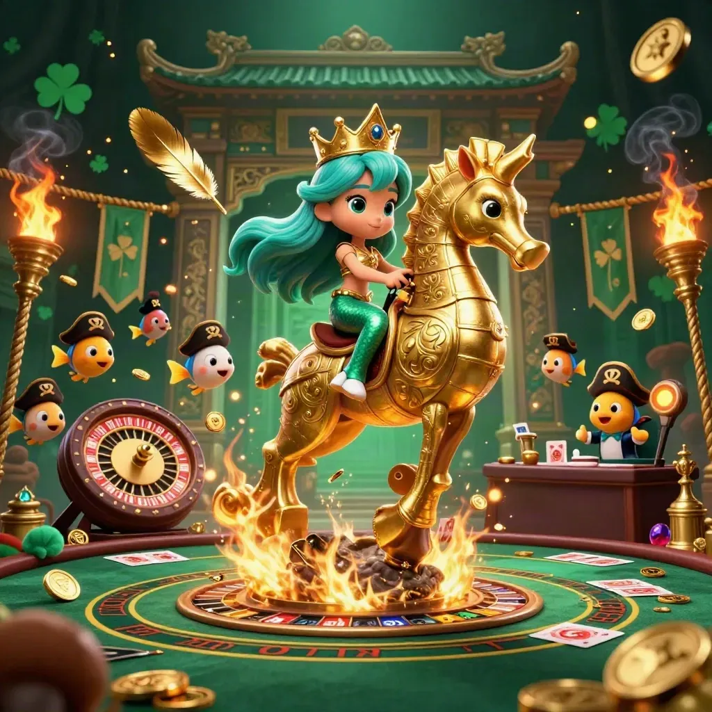 Mermaid princess on seahorse amid casino props, emerald glow, coins, temple gate, ember light