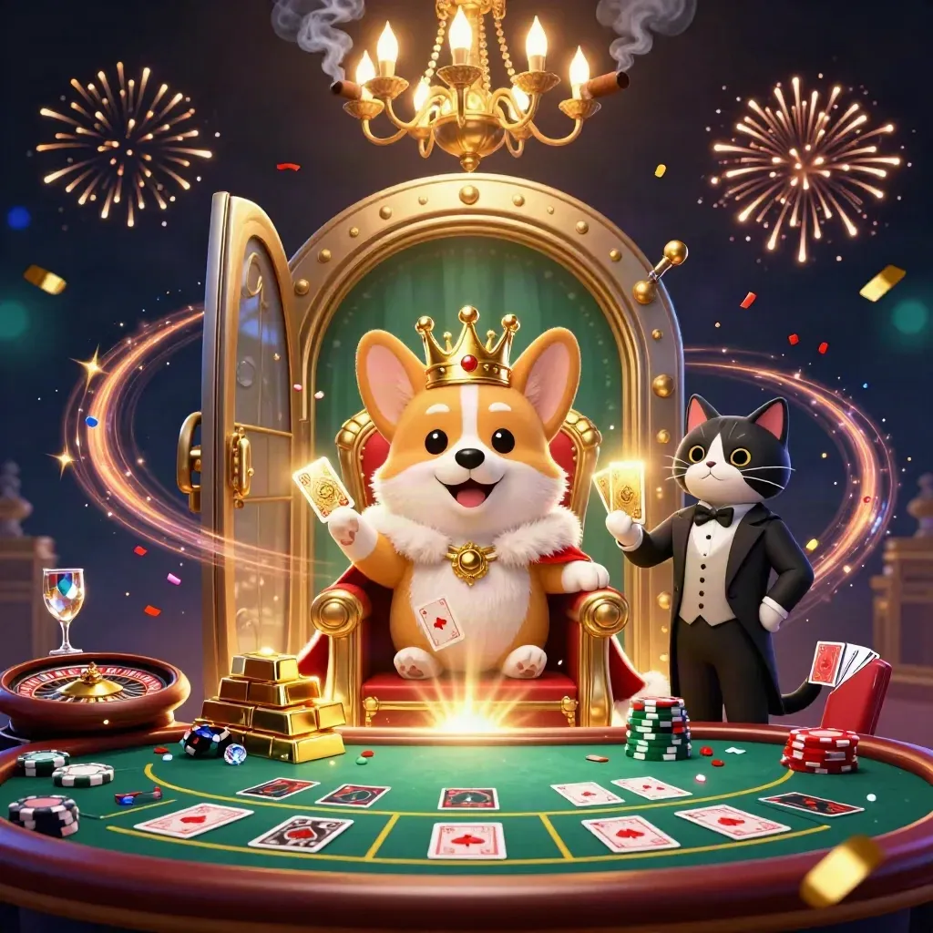 Crowned corgi and cat butler amid a casino vault blast of gold, gems, and neon sparks.