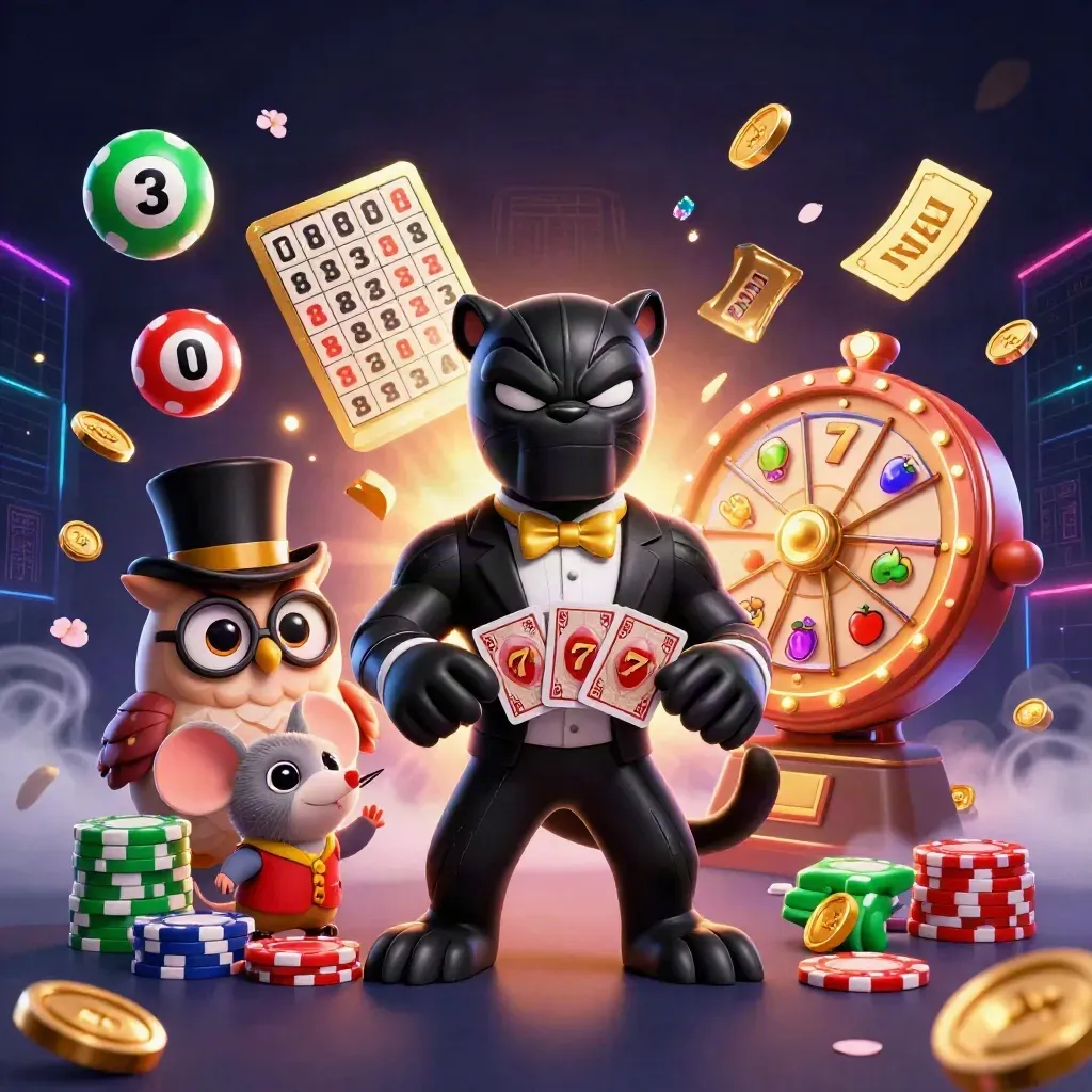 Panther, owl, and mouse amid chips, reels, balls, and glowing casino effects