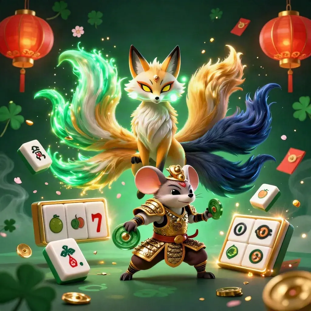 Nine-tailed fox spirit and golden samurai mouse amid lanterns, coins, tiles, and firework bursts