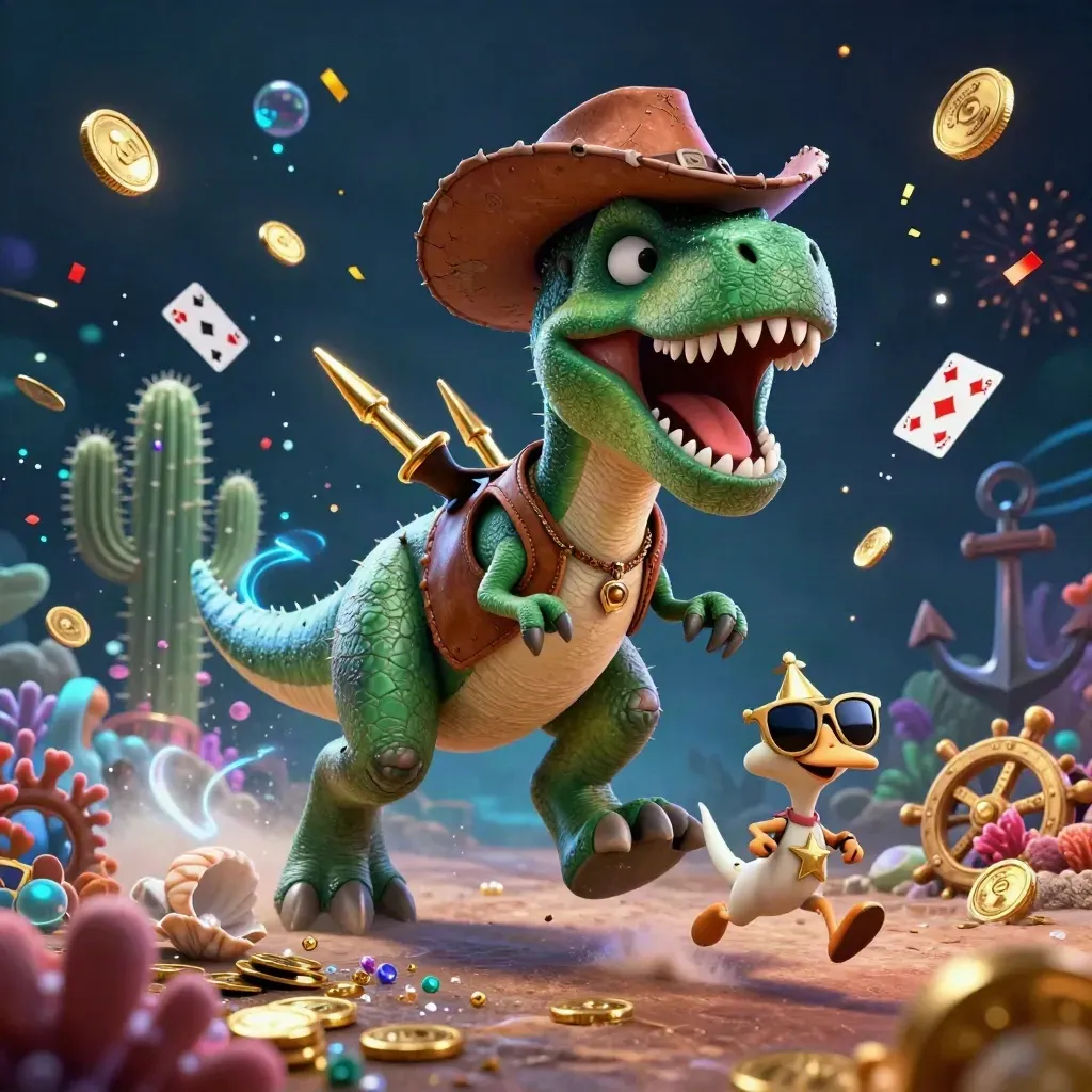 Cowboy T-Rex, cactus, and roadrunner amid underwater treasure, coins, coral, and glowing casino magic.