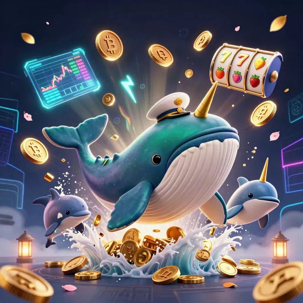 Cartoon whale captain, narwhal and dolphins amid coins, crypto glow and treasure sparks.