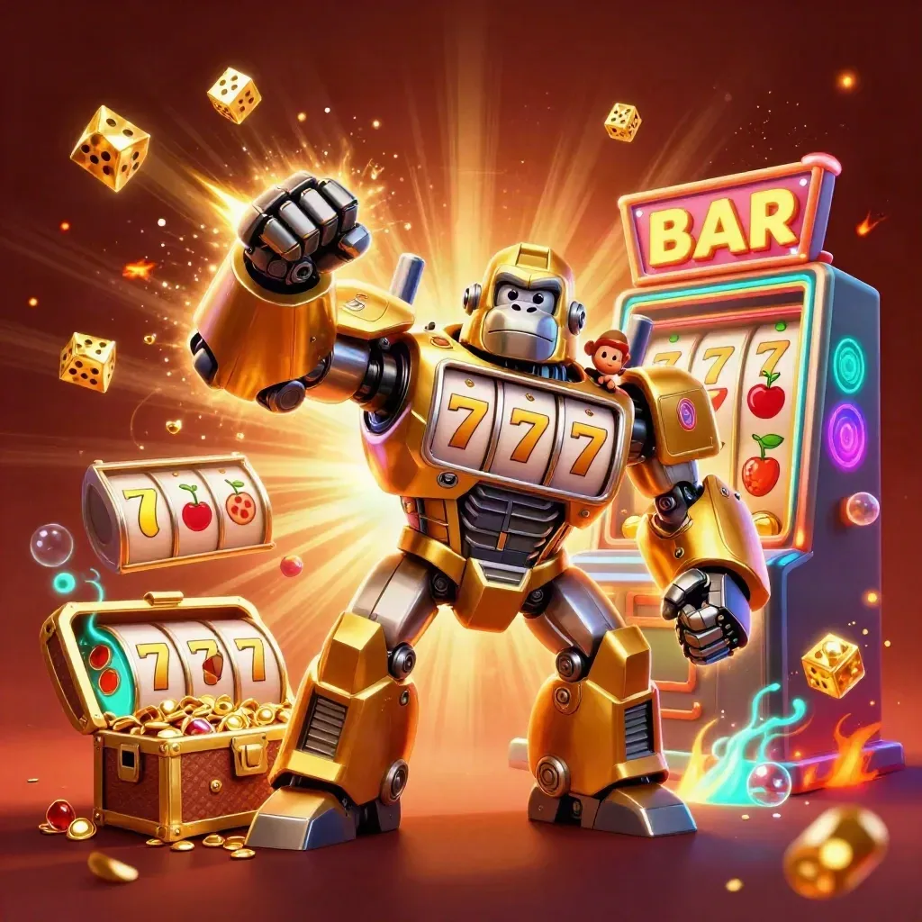 Golden gorilla slot-mech with monkey pilot amid jackpot bursts, gold, gems, and cyan glow.