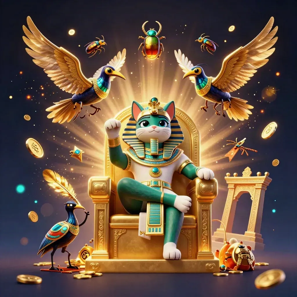 Pharaoh cat on a golden throne with ibis scribe and gem-winged scarabs amid treasure bursts
