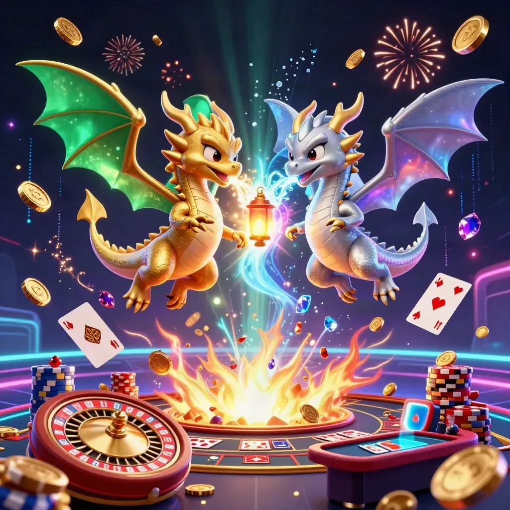 Gold and silver dragons swirl with coins, cards, chips, and neon casino effects.