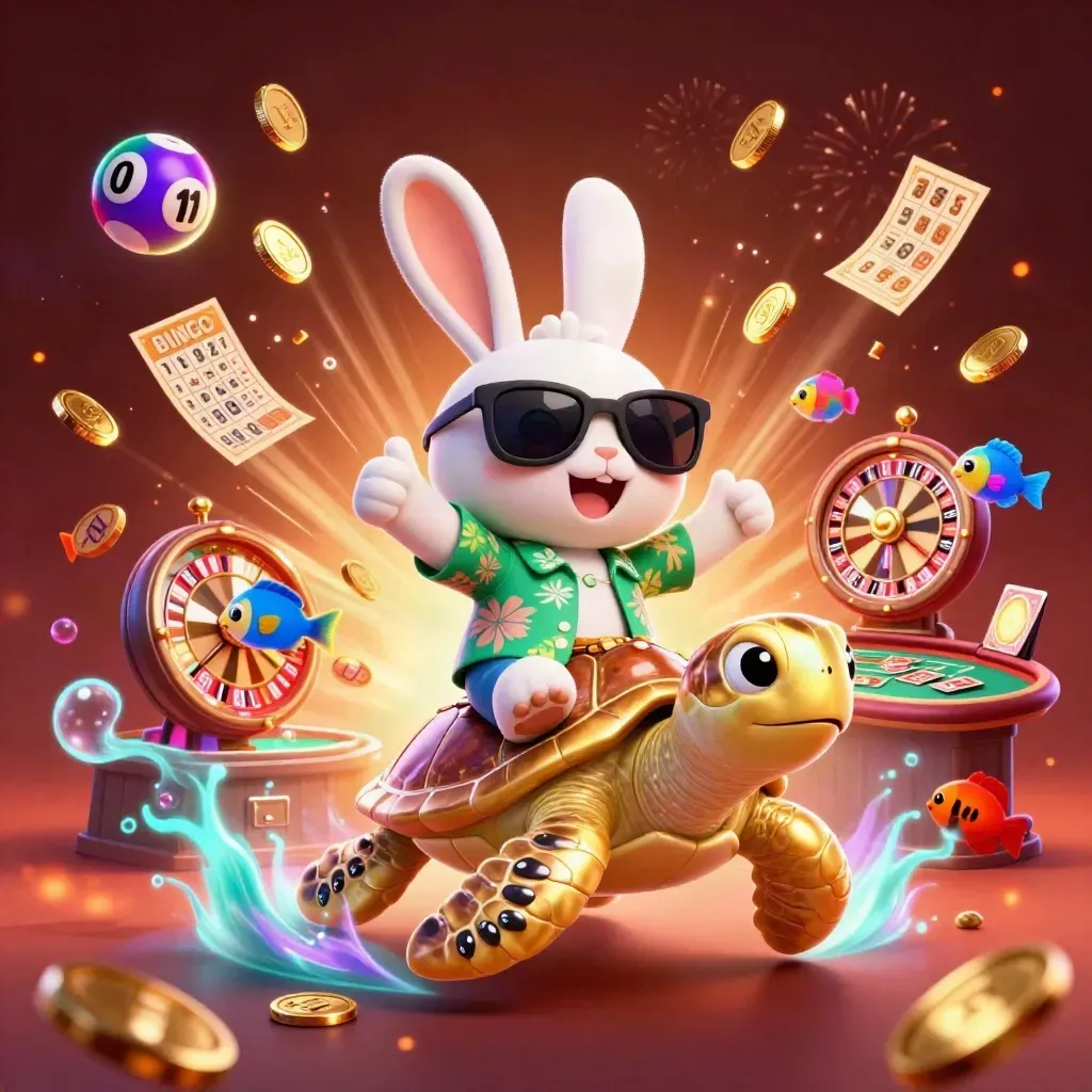 Lucky rabbit on a golden sea turtle amid coins, fireworks, roulette, bingo, and casino chips.