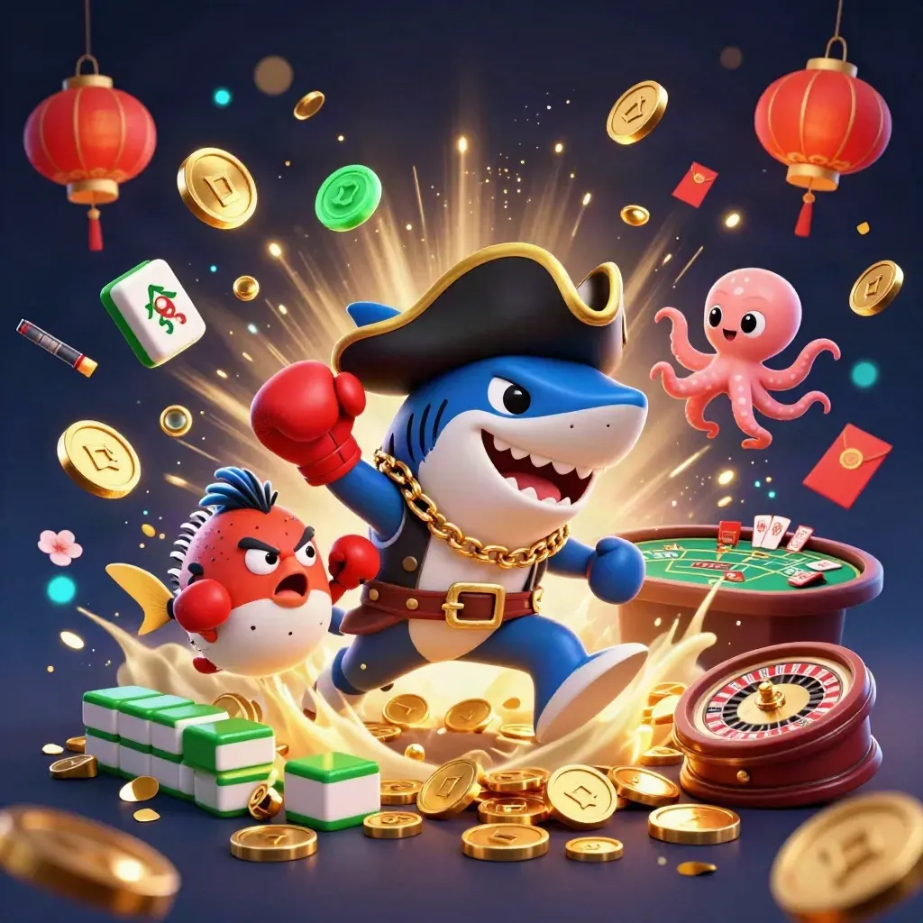 Pirate shark, boxing pufferfish, and juggling octopus amid coins, fireworks, and casino symbols.