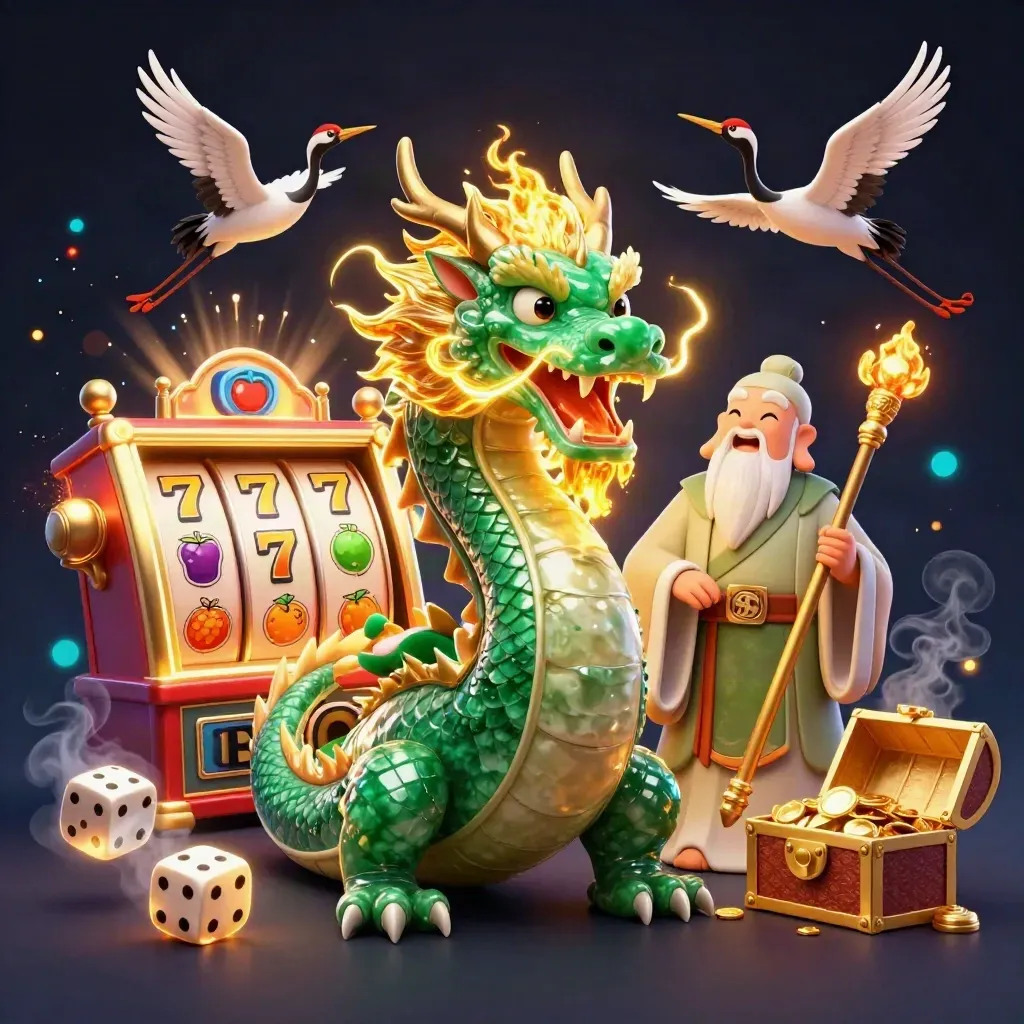 Emerald dragon, turtle sage, and cranes amid slot machine bursts and gold on dark navy.