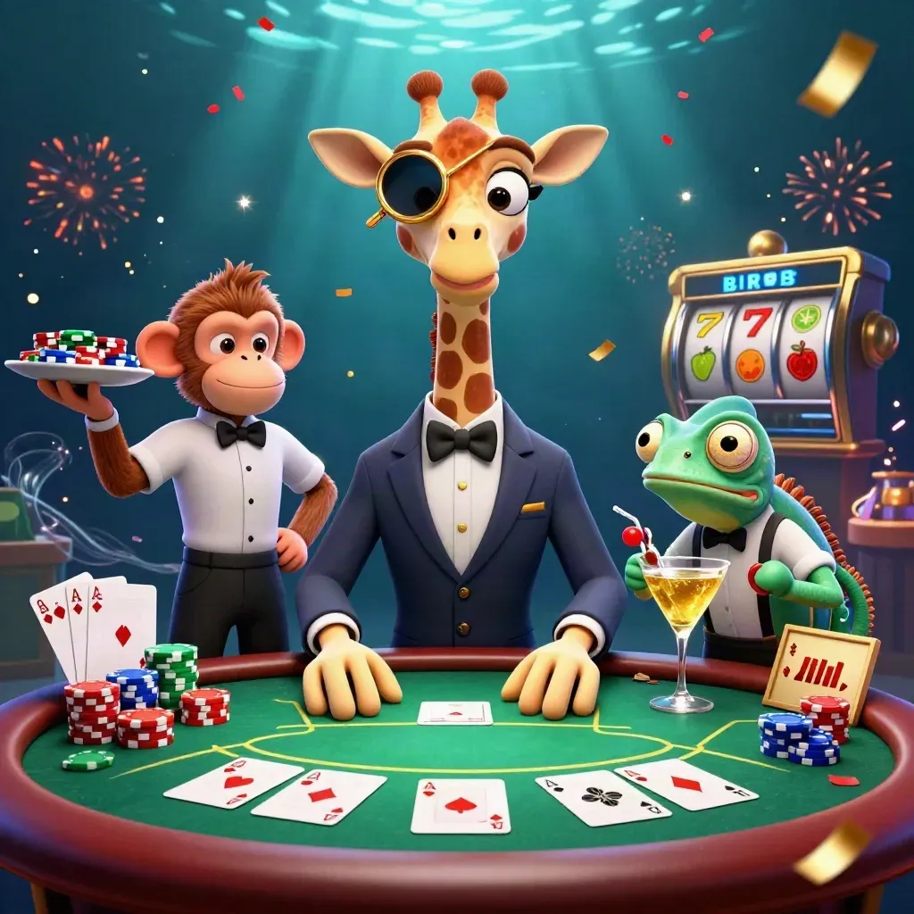 Giraffe, monkey, and chameleon at a glowing casino poker table with chips and slot symbols.