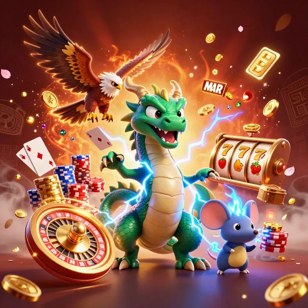 Thunder dragon, hawk, and static mouse amid casino coins, cards, chips, reels, and lightning.