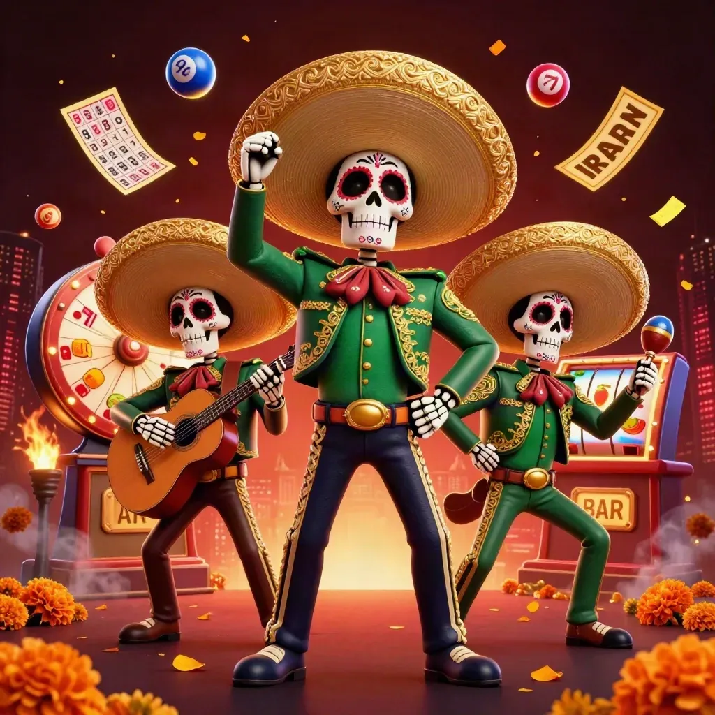 Three festive skeleton mariachi performers amid casino symbols, embers, and a dark skyline.