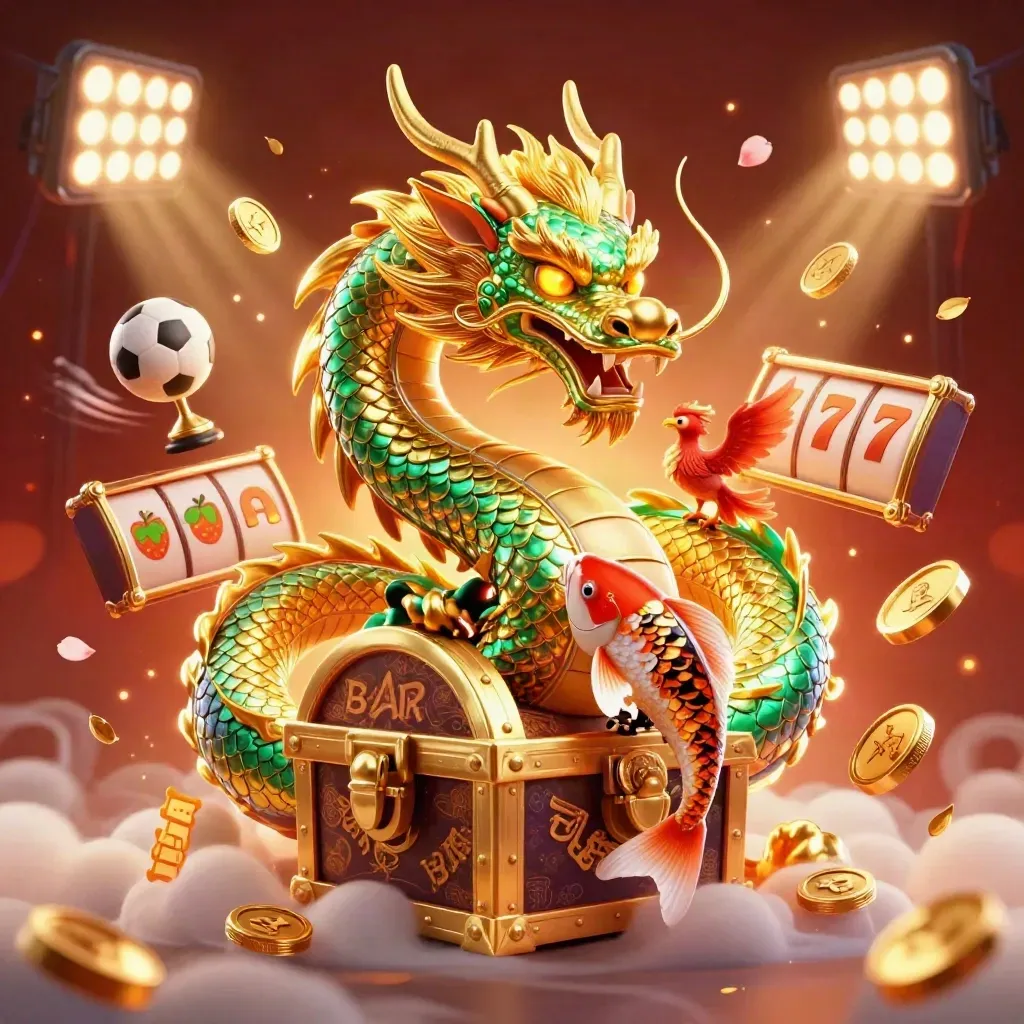 Golden dragon, phoenix, and koi amid casino symbols, coins, lights, and embers on a dark fiery background.