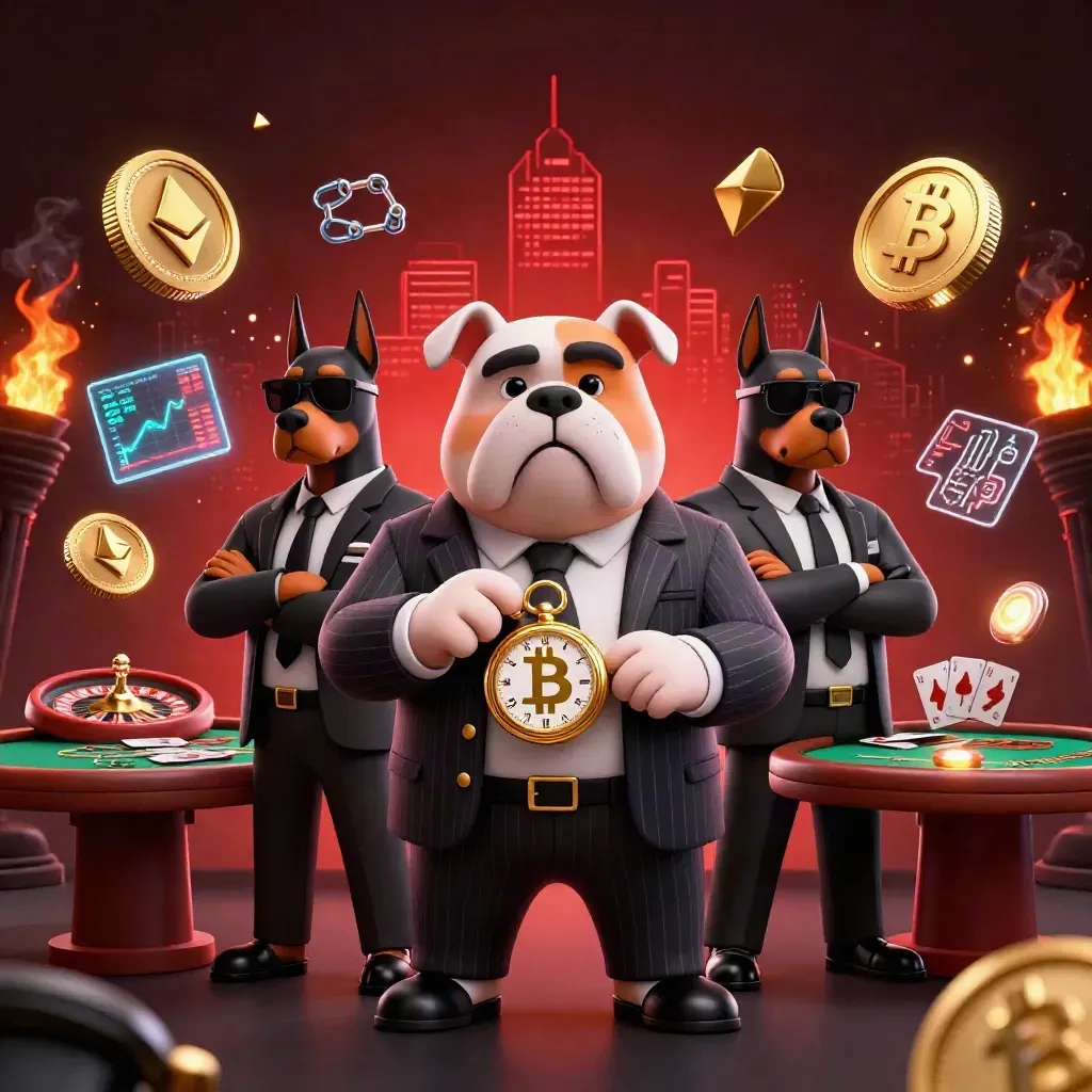 Bulldog boss with two Doberman guards amid casino chips, coins, and neon effects
