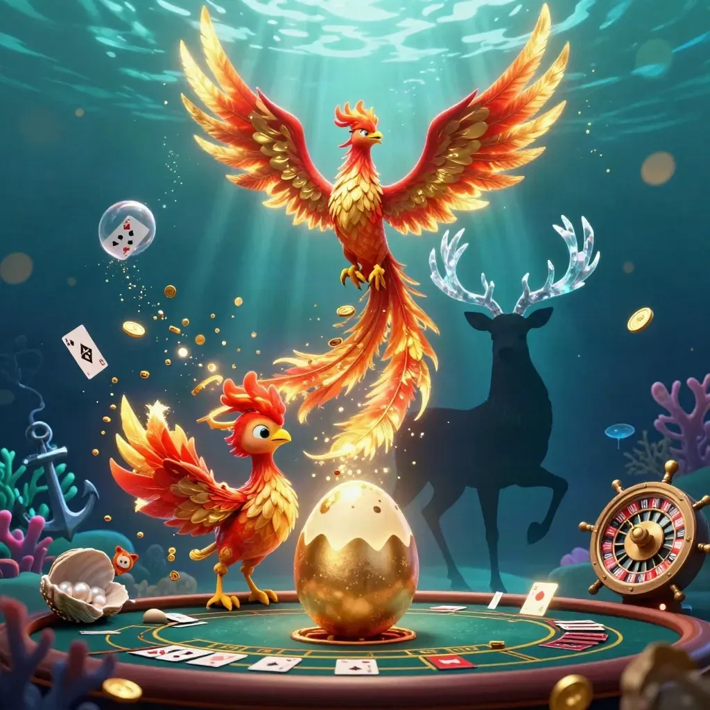 Phoenix trio above underwater casino treasure with roulette, cards, and gold glow