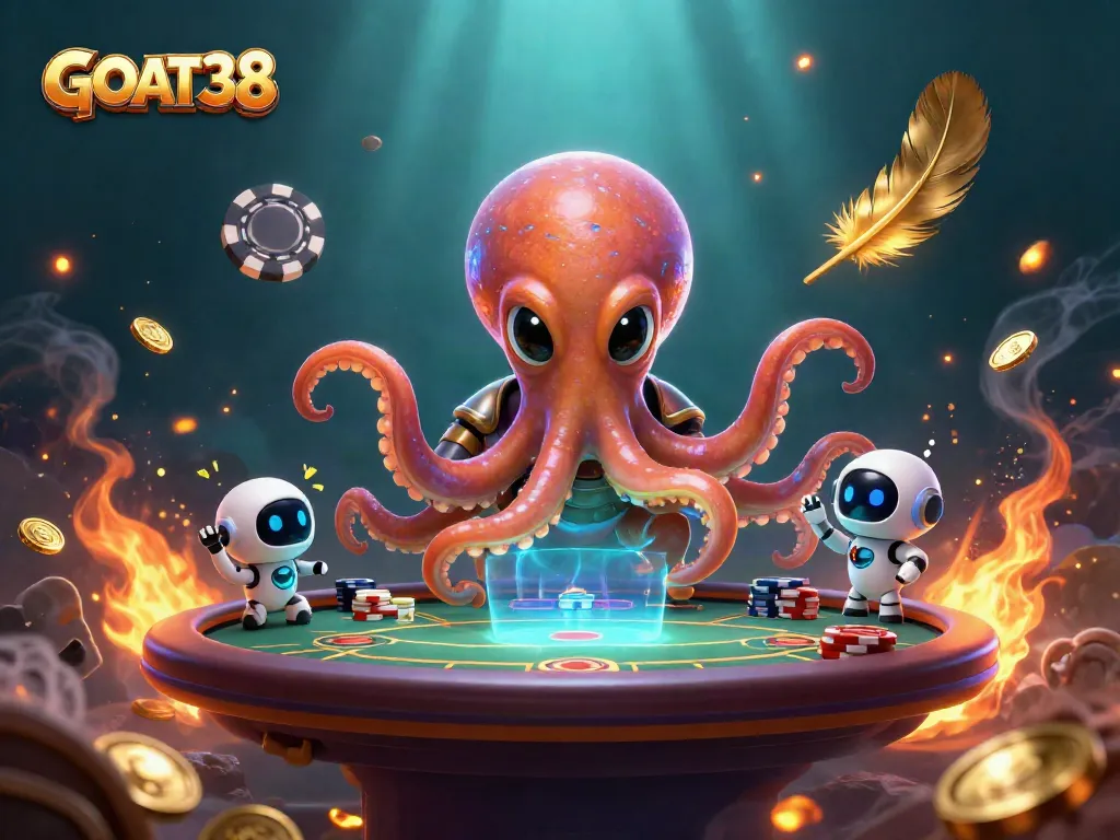 Experience GOAT38's thrilling poker action with an alien octopus and vibrant casino elements.