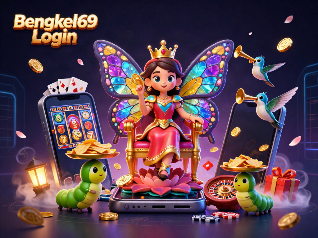Spin to win with the vibrant Bengkel69 Login illustration depicting a colorful casino scene.