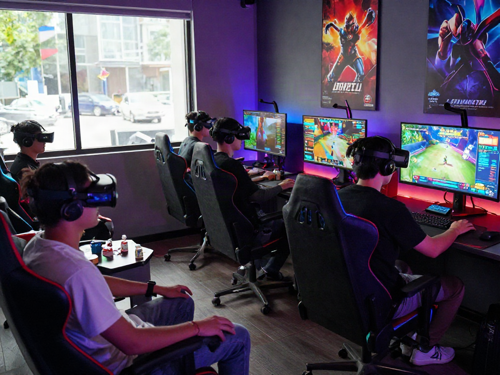 Exciting gaming scene with friends playing slot123 in a vibrant virtual reality lounge