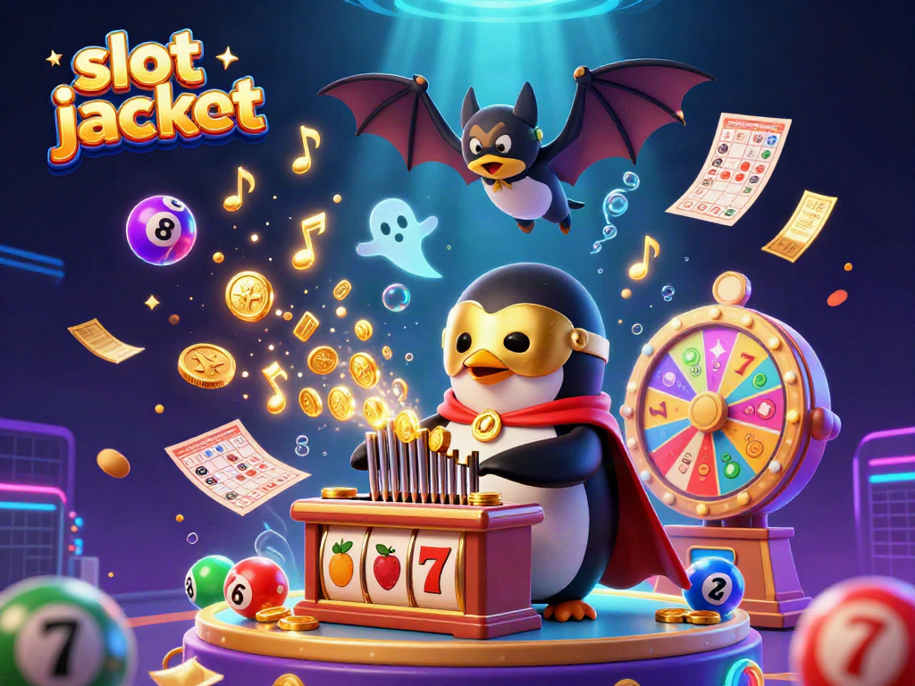 Experience a thrilling slot jackpot with a dynamic scene featuring a magical penguin and vibrant casino elements.