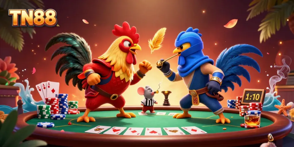 Experience intense action at TN88 with dynamic rooster showdowns, vibrant poker elements, and thrilling casino atmosphere.