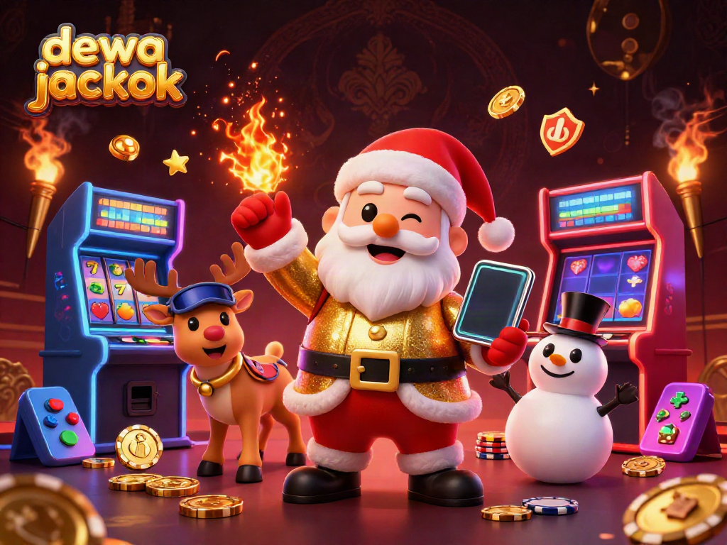Menghadirkan jackpot dengan karakter dewa jackpot dalam suasana kasino, Santa Claus dan teman-temannya dikelilingi permainan slot.