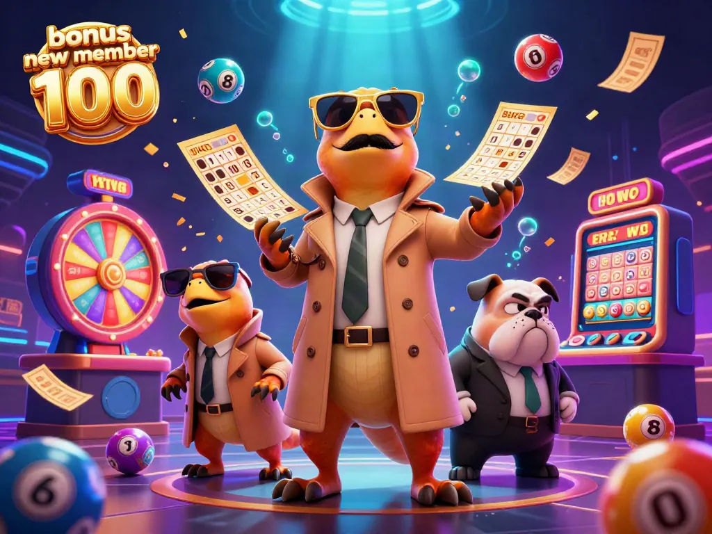 Engaging illustration of bonus new member 100 promo showcasing raptors in disguise at a casino with vibrant gaming elements.