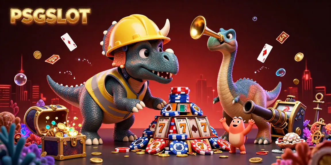 PSGSLOT menampilkan karakter kartun dinosaurus yang sedang merayakan kemenangan dengan tumpukan chip poker di latar belakang gemerlap neon.