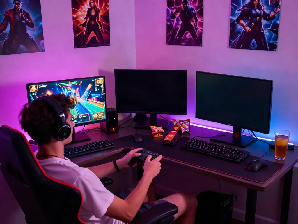 Intense gamer playing akunjp online slots in stylish setup