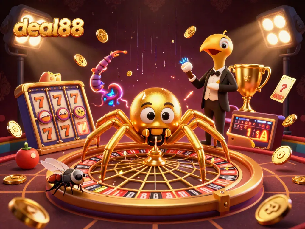 Experience thrilling gambling action with deal88 in this vibrant 3D casino scene featuring a golden spider and a centipede croupier.