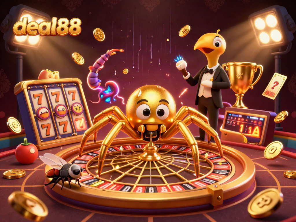 Experience thrilling gambling action with deal88 in this vibrant 3D casino scene featuring a golden spider and a centipede croupier.