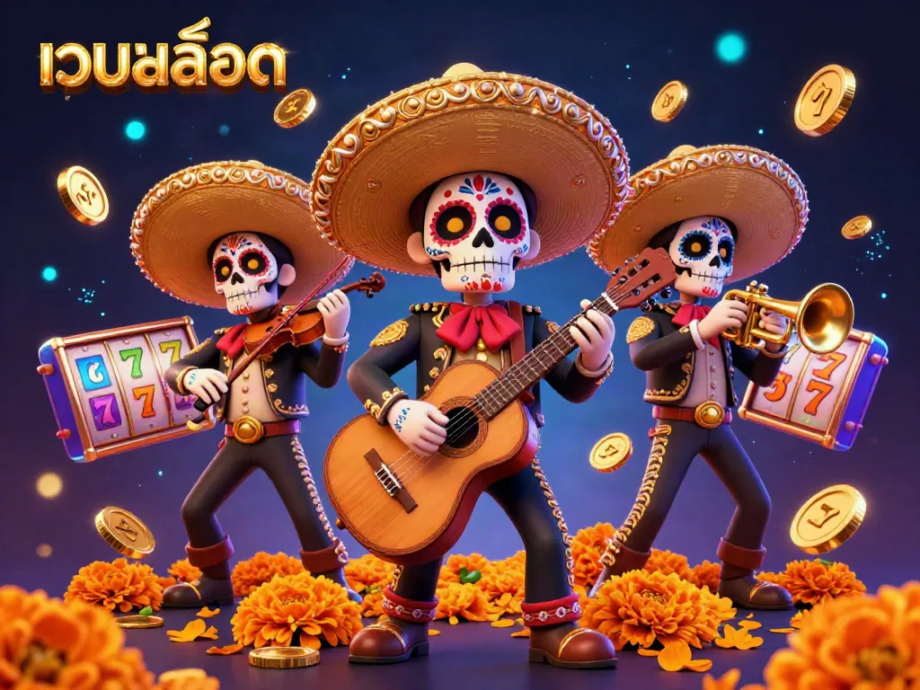 Engage in เว็บสล็อต with vibrant mariachi band playing amidst dynamic gaming elements and festive decorations.
