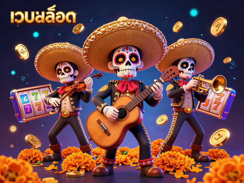 Engage in เว็บสล็อต with vibrant mariachi band playing amidst dynamic gaming elements and festive decorations.