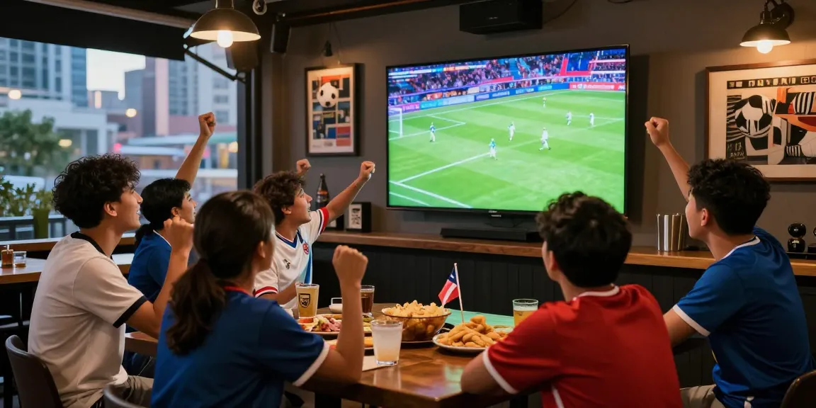 Friends enjoying a live soccer match at the bar, showcasing the source of their excitement, vibrant atmosphere, and team spirit.