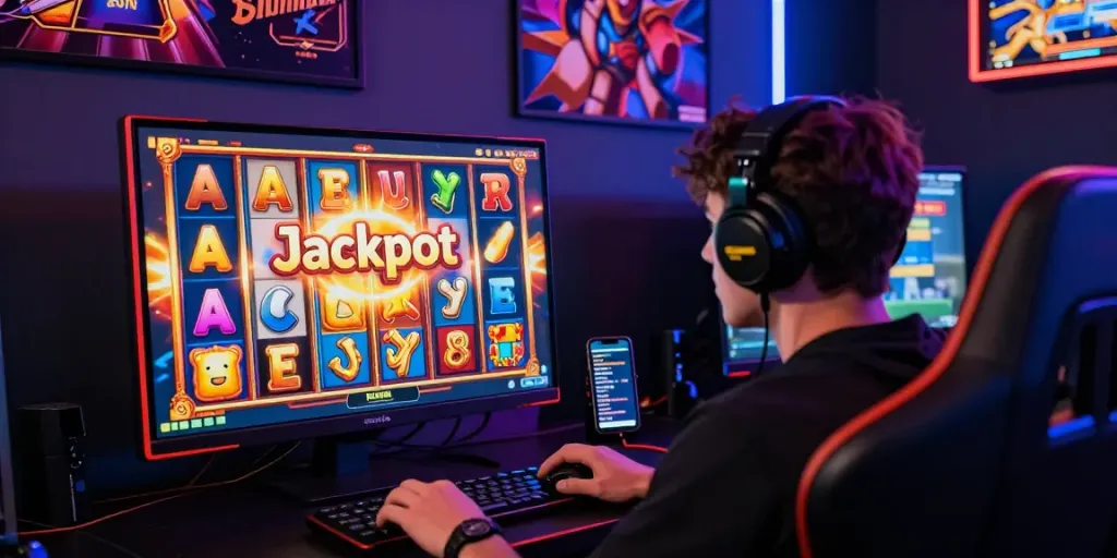 Player engaged in a thrilling slot game with vibrant animations and Jackpot feature, showcasing the joy of online gaming.