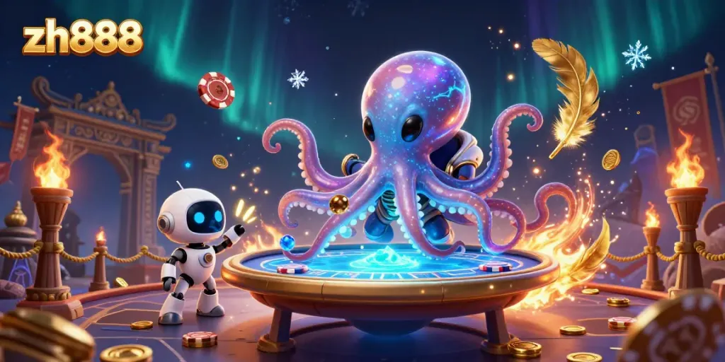 Join the fun with the zh888 alien octopus hosting a cosmic poker game under the northern lights.
