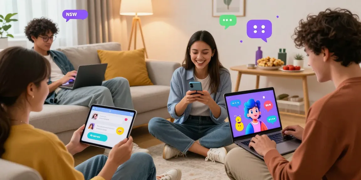 Engaging scene of friends enjoying nsfw ai chat with colorful avatars in a relaxed setting.