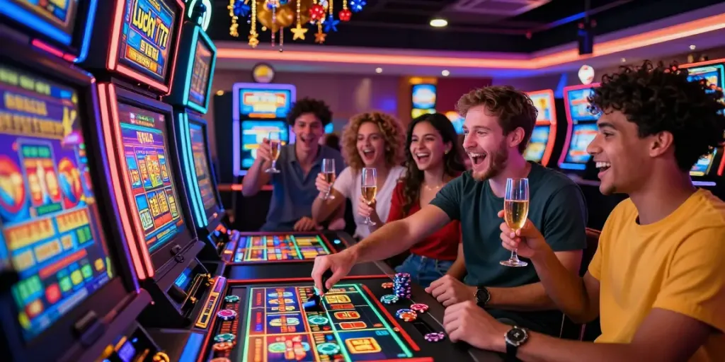 Exciting casino scene with friends celebrating around Lucky777 slot machine.